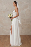 Ivory A Line Appliqued Sweep Train Long Wedding Dress with Slit