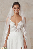 Ivory A Line Appliqued Sweep Train Long Wedding Dress with Slit