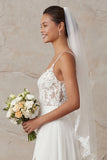 Ivory A Line Appliqued Sweep Train Long Wedding Dress with Slit