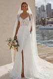 Ivory Lace Appliqued A Line Spaghetti Straps Long Wedding Dress with Slit