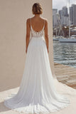 Ivory Lace Appliqued A Line Spaghetti Straps Long Wedding Dress with Slit