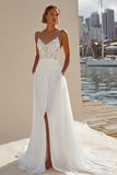 Ivory Lace Appliqued A Line Spaghetti Straps Long Wedding Dress with Slit