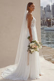 Ivory Lace Appliqued A Line Spaghetti Straps Long Wedding Dress with Slit