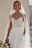 Ivory Lace Appliqued A Line Spaghetti Straps Long Wedding Dress with Slit