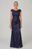 Navy Cowl Neck Floral Mermaid Long Mother of the Bride Dress with slit