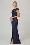 Navy Cowl Neck Floral Mermaid Long Mother of the Bride Dress with slit