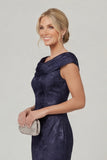 Navy Cowl Neck Floral Mermaid Long Mother of the Bride Dress with slit