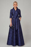Navy Floral A Line Mother of the Bride Dress with Half Sleeves