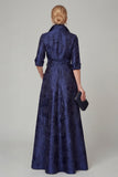Navy Floral A Line Mother of the Bride Dress with Half Sleeves