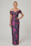 Off the Shoulder Fuchsia Sheath Printed Floral Long Mother of the Bride Dress