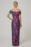 Off the Shoulder Fuchsia Sheath Printed Floral Long Mother of the Bride Dress