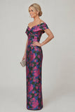 Off the Shoulder Fuchsia Sheath Printed Floral Long Mother of the Bride Dress