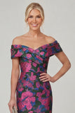 Off the Shoulder Fuchsia Sheath Printed Floral Long Mother of the Bride Dress