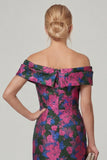 Off the Shoulder Fuchsia Sheath Printed Floral Long Mother of the Bride Dress