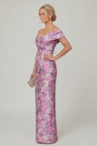 Off the Shoulder Fuchsia Sheath Printed Floral Long Mother of the Bride Dress
