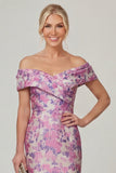 Off the Shoulder Fuchsia Sheath Printed Floral Long Mother of the Bride Dress