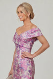 Off the Shoulder Fuchsia Sheath Printed Floral Long Mother of the Bride Dress