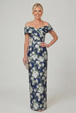 Off the Shoulder Fuchsia Sheath Printed Floral Long Mother of the Bride Dress