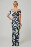 Off the Shoulder Fuchsia Sheath Printed Floral Long Mother of the Bride Dress