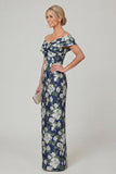 Off the Shoulder Fuchsia Sheath Printed Floral Long Mother of the Bride Dress