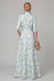 Purple A Line Floral Printed Half Sleeve Mother Of the Bride Dress with Belt