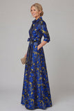 Purple A Line Floral Printed Half Sleeve Mother Of the Bride Dress with Belt