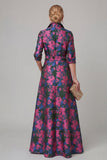 Purple A Line Floral Printed Half Sleeve Mother Of the Bride Dress with Belt