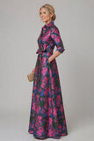 Purple A Line Floral Printed Half Sleeve Mother Of the Bride Dress with Belt