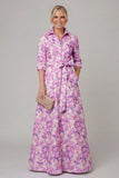 Purple A Line Floral Printed Half Sleeve Mother Of the Bride Dress with Belt