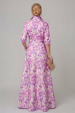 Purple A Line Floral Printed Half Sleeve Mother Of the Bride Dress with Belt
