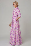 Purple A Line Floral Printed Half Sleeve Mother Of the Bride Dress with Belt