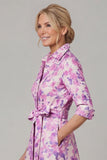 Purple A Line Floral Printed Half Sleeve Mother Of the Bride Dress with Belt