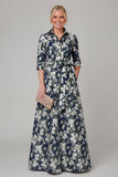 Purple A Line Floral Printed Half Sleeve Mother Of the Bride Dress with Belt