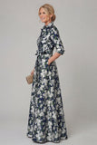 Purple A Line Floral Printed Half Sleeve Mother Of the Bride Dress with Belt
