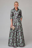 Purple A Line Floral Printed Half Sleeve Mother Of the Bride Dress with Belt