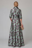 Purple A Line Floral Printed Half Sleeve Mother Of the Bride Dress with Belt