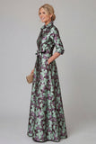 Purple A Line Floral Printed Half Sleeve Mother Of the Bride Dress with Belt
