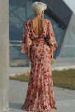 Dusty Rose Floral Chiffon Sheath Maxi Mother of the Bride Dress with Cape Sleeves