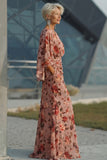 Dusty Rose Floral Chiffon Sheath Maxi Mother of the Bride Dress with Cape Sleeves