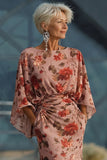 Dusty Rose Floral Chiffon Sheath Maxi Mother of the Bride Dress with Cape Sleeves