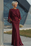 Burgundy Lace Sheath Maxi Mother of the Bride Dress with Cape Sleeves