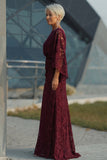 Burgundy Lace Sheath Maxi Mother of the Bride Dress with Cape Sleeves