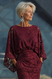 Burgundy Lace Sheath Maxi Mother of the Bride Dress with Cape Sleeves
