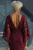 Burgundy Lace Sheath Maxi Mother of the Bride Dress with Cape Sleeves