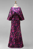 Fuchsia Floral Jacquard Sheath Maxi Mother of the Bride Dress with Cape Sleeves