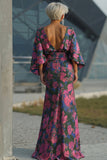 Fuchsia Floral Jacquard Sheath Maxi Mother of the Bride Dress with Cape Sleeves