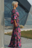 Fuchsia Floral Jacquard Sheath Maxi Mother of the Bride Dress with Cape Sleeves
