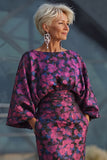 Fuchsia Floral Jacquard Sheath Maxi Mother of the Bride Dress with Cape Sleeves