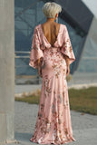 Floral Dusty Rose Satin Sheath Maxi Mother of the Bride Dress with Cape Sleeves
