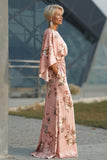 Floral Dusty Rose Satin Sheath Maxi Mother of the Bride Dress with Cape Sleeves